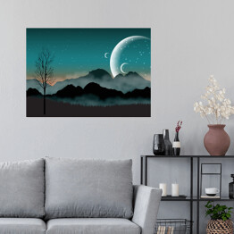 Plakat Nocne niebo, zarys gór i blisko położone planety