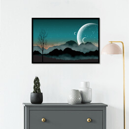 Plakat w ramie Nocne niebo, zarys gór i blisko położone planety