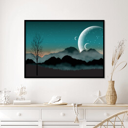 Plakat w ramie Nocne niebo, zarys gór i blisko położone planety