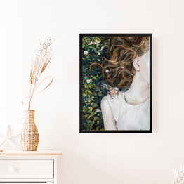 Obraz w ramie Kobieta z ptakiem na ramieniu leżąca w kwiatach. Malarstwo olejne