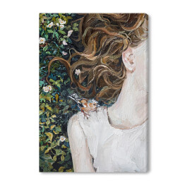 Kobieta z ptakiem na ramieniu leżąca w kwiatach. Malarstwo olejne