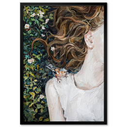 Plakat w ramie Kobieta z ptakiem na ramieniu leżąca w kwiatach. Malarstwo olejne