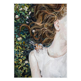 Plakat samoprzylepny Kobieta z ptakiem na ramieniu leżąca w kwiatach. Malarstwo olejne