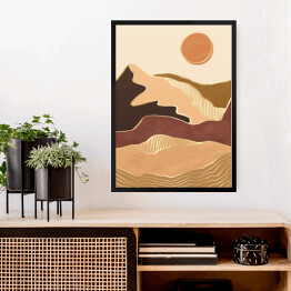 Obraz w ramie Abstrakcyjny nowoczesny krajobraz boho z górami, wzgórzami, słońcem i złotymi liniami fal konturowych. Współczesny luksusowy minimalistyczny szablon do druku. Wektorowa ilustracja geometrycznej sceny wzgórza w stylu chińskim