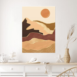 Plakat samoprzylepny Abstrakcyjny nowoczesny krajobraz boho z górami, wzgórzami, słońcem i złotymi liniami fal konturowych. Współczesny luksusowy minimalistyczny szablon do druku. Wektorowa ilustracja geometrycznej sceny wzgórza w stylu chińskim