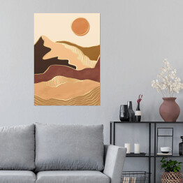Plakat samoprzylepny Abstrakcyjny nowoczesny krajobraz boho z górami, wzgórzami, słońcem i złotymi liniami fal konturowych. Współczesny luksusowy minimalistyczny szablon do druku. Wektorowa ilustracja geometrycznej sceny wzgórza w stylu chińskim