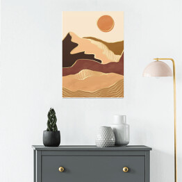 Plakat Abstrakcyjny nowoczesny krajobraz boho z górami, wzgórzami, słońcem i złotymi liniami fal konturowych. Współczesny luksusowy minimalistyczny szablon do druku. Wektorowa ilustracja geometrycznej sceny wzgórza w stylu chińskim
