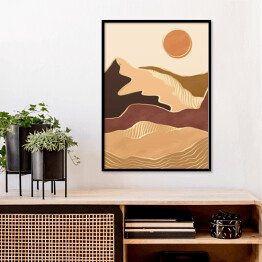 Plakat w ramie Abstrakcyjny nowoczesny krajobraz boho z górami, wzgórzami, słońcem i złotymi liniami fal konturowych. Współczesny luksusowy minimalistyczny szablon do druku. Wektorowa ilustracja geometrycznej sceny wzgórza w stylu chińskim