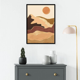 Plakat w ramie Abstrakcyjny nowoczesny krajobraz boho z górami, wzgórzami, słońcem i złotymi liniami fal konturowych. Współczesny luksusowy minimalistyczny szablon do druku. Wektorowa ilustracja geometrycznej sceny wzgórza w stylu chińskim