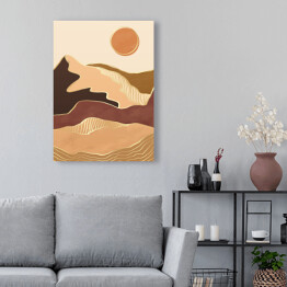 Obraz na płótnie Abstrakcyjny nowoczesny krajobraz boho z górami, wzgórzami, słońcem i złotymi liniami fal konturowych. Współczesny luksusowy minimalistyczny szablon do druku. Wektorowa ilustracja geometrycznej sceny wzgórza w stylu chińskim