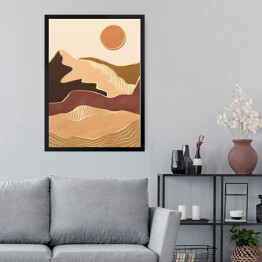 Obraz w ramie Abstrakcyjny nowoczesny krajobraz boho z górami, wzgórzami, słońcem i złotymi liniami fal konturowych. Współczesny luksusowy minimalistyczny szablon do druku. Wektorowa ilustracja geometrycznej sceny wzgórza w stylu chińskim