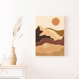 Obraz na płótnie Abstrakcyjny nowoczesny krajobraz boho z górami, wzgórzami, słońcem i złotymi liniami fal konturowych. Współczesny luksusowy minimalistyczny szablon do druku. Wektorowa ilustracja geometrycznej sceny wzgórza w stylu chińskim