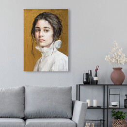 Obraz na płótnie Portret dziewczyny w białej koszuli na tle imitującym złoto. Malarstwo olejne