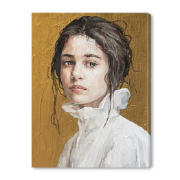 Obraz na płótnie Portret dziewczyny w białej koszuli na tle imitującym złoto. Malarstwo olejne