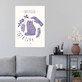Plakat samoprzylepny Mistycyzm - kot i kobieca dłoń