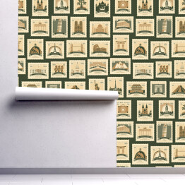 Tapeta w rolce Wektorowy wzór spójny w stylu retro ze starymi znaczkami pocztowymi z punktami orientacyjnymi z różnych krajów. Powtarzające się tło na temat podróży. Nadaje się do tapety, papieru pakowego lub projektowania tkanin