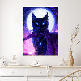 Plakat Magiczny czarny kot na tle księżyca - ilustracja fantasy