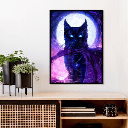 Magiczny czarny kot na tle księżyca - ilustracja fantasy