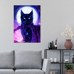 Plakat Magiczny czarny kot na tle księżyca - ilustracja fantasy