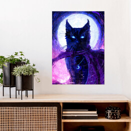 Plakat samoprzylepny Magiczny czarny kot na tle księżyca - ilustracja fantasy