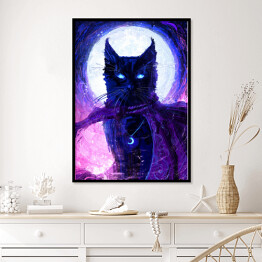 Plakat w ramie Magiczny czarny kot na tle księżyca - ilustracja fantasy