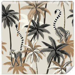 Tapeta winylowa zmywalna w rolce Tropikalne vintage zwierzę lemur, palmy kwiatowy spójny wzór beżowe tło. Tapeta egzotyczna dżungla