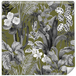 Tapeta winylowa zmywalna w rolce Akwarela kwiatowy spójny wzór z domowymi roślinami tropikalnymi. Kwiatowe tło