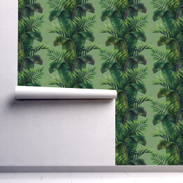 Tapeta samoprzylepna w rolce Tropikalne zielone liście palmowe tło. Ręczny rysunek 3d ilustracja. Tropikalne liście tapety. Zielona paleta kolorów. Wielki dla tkaniny, tapety, papier projekt, towary