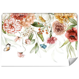 Fototapeta Granica bukiet - zielone liście i rumiane różowe kwiaty na białym tle. Akwarela ręcznie malowane bezszwowe granicy. Kwiatowy ilustracja. Foliage wzór.