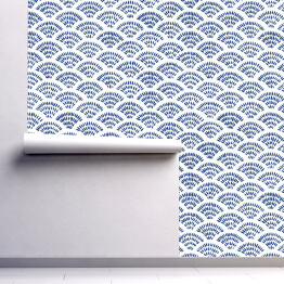Tapeta w rolce Fala seigaiha spójny wzór. Uroczy niebieski i biały druk w kropki. Ilustracja wektorowa.