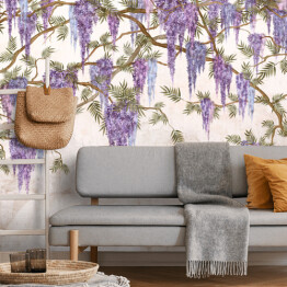 Fototapeta zwisające gałęzie, na których pąki kwiatów z liśćmi na teksturowanej wytartej ścianie, fototapeta do wnętrza