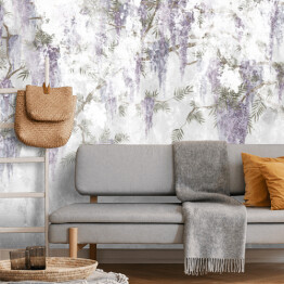 Fototapeta winylowa zmywalna dekoracyjne kwiaty, które zwisają z gałęzi na teksturowanej ścianie, fototapeta do wnętrza
