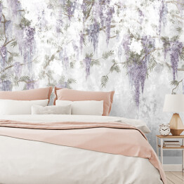Fototapeta samoprzylepna dekoracyjne kwiaty, które zwisają z gałęzi na teksturowanej ścianie, fototapeta do wnętrza