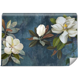 Fototapeta Fototapeta, tapeta, pocztówka, kwiaty na ciemnym tle, magnolia, jaśmin, liście. Malowane kwiaty.