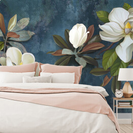 Fototapeta Fototapeta, tapeta, pocztówka, kwiaty na ciemnym tle, magnolia, jaśmin, liście. Malowane kwiaty.
