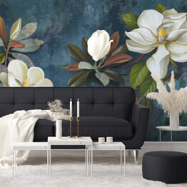 Fototapeta samoprzylepna Fototapeta, tapeta, pocztówka, kwiaty na ciemnym tle, magnolia, jaśmin, liście. Malowane kwiaty.