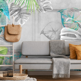 Fototapeta samoprzylepna Tropikalne liście na betonowym tle. Great choise for wallpaper, mural, photo wallpaper, card, posrcard. Wzór do wnętrz nowoczesnych i loftowych.