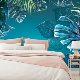 Fototapeta samoprzylepna Akwarelowe liście tropikalne na niebieskim tle. Świetny wybór na tapetę, fototapetę, mural, plakat, kartkę.