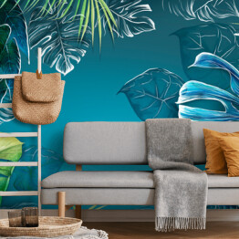 Fototapeta samoprzylepna Akwarelowe liście tropikalne na niebieskim tle. Świetny wybór na tapetę, fototapetę, mural, plakat, kartkę.