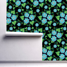 Tapeta samoprzylepna w rolce Piękne błękitne kwiaty z uroczymi listkami na czarnym tle