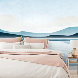 Fototapeta Minimalistyczne tło sztuki akwarelowej z górami i morzem. Krajobraz baner w niebieskich kolorach do dekoracji wnętrz, projektowania, tapety