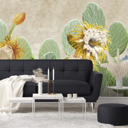 Fototapeta samoprzylepna Kwitnące kaktusy na betonowej ścianie light grunge. Kaktus roślina. Kwitnący kaktus. Egzotyczne tło dla tapety, fototapety, muralu, karty, pocztówki, obrazu. 