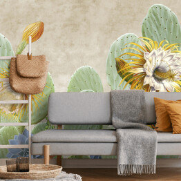 Fototapeta samoprzylepna Kwitnące kaktusy na betonowej ścianie light grunge. Kaktus roślina. Kwitnący kaktus. Egzotyczne tło dla tapety, fototapety, muralu, karty, pocztówki, obrazu. 