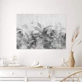 Plakat samoprzylepny rysunek artystyczny na akwarelowym tle tekstury tropikalne liście w szarych odcieniach fototapety do wnętrza