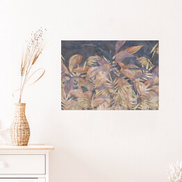Plakat tropiki sztuka malowane liście na ciemnym tle tekstura obraz fototapety we wnętrzu