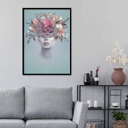 Plakat w ramie Abstrakcyjna kolaż sztuki młodej kobiety z kwiatami