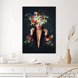 Plakat Abstrakcyjny kolaż artystyczny z młodą kobietą z kwiatami