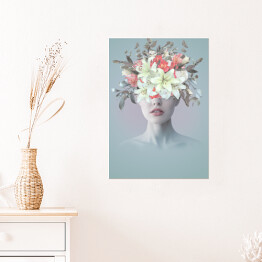 Plakat Abstrakcyjny kolaż artystyczny z młodą kobietą z kwiatami