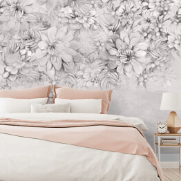 Fototapeta winylowa zmywalna sztuka malowane kwiaty na ścianie teksturowanej fototapeta we wnętrzu w stylu czarno-białym