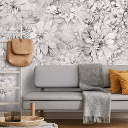 Fototapeta winylowa zmywalna sztuka malowane kwiaty na ścianie teksturowanej fototapeta we wnętrzu w stylu czarno-białym